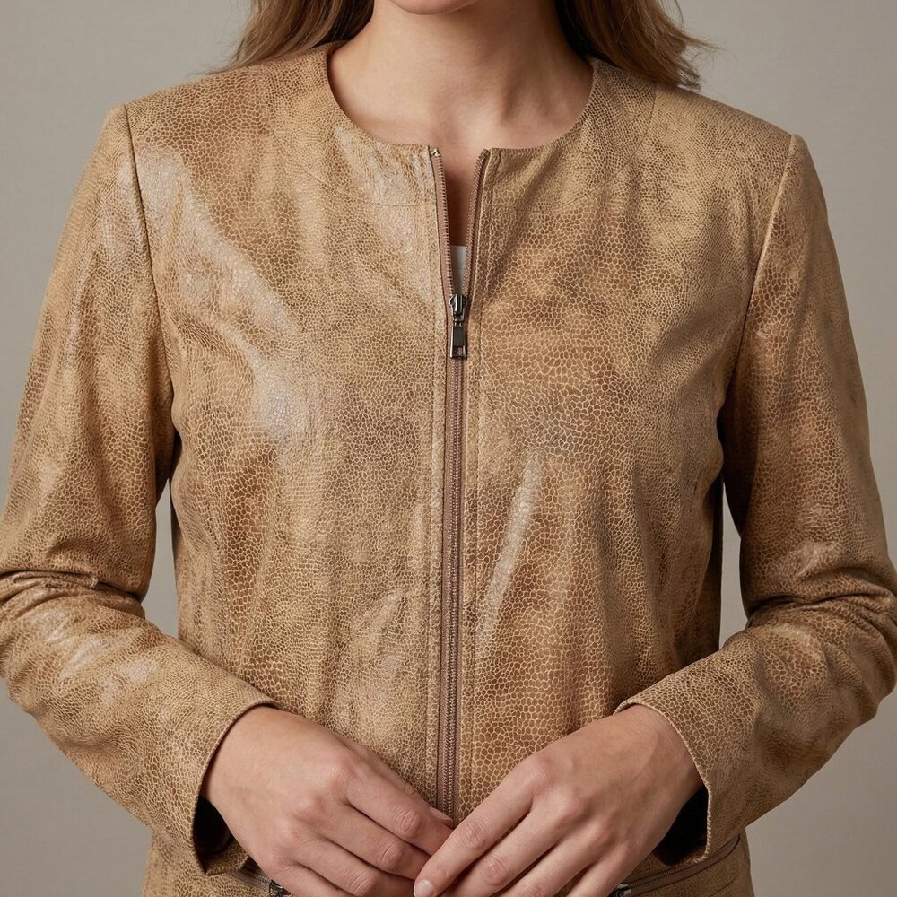 JM Collection Tan Snakeskin Print Zip Jacket Size 14 Lightweight Blazer